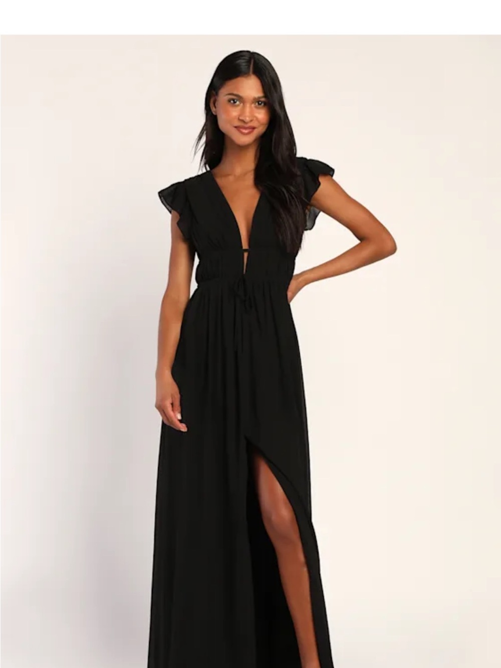 Lulu's Black Maxi Dress with Flutter Cap Sleeves